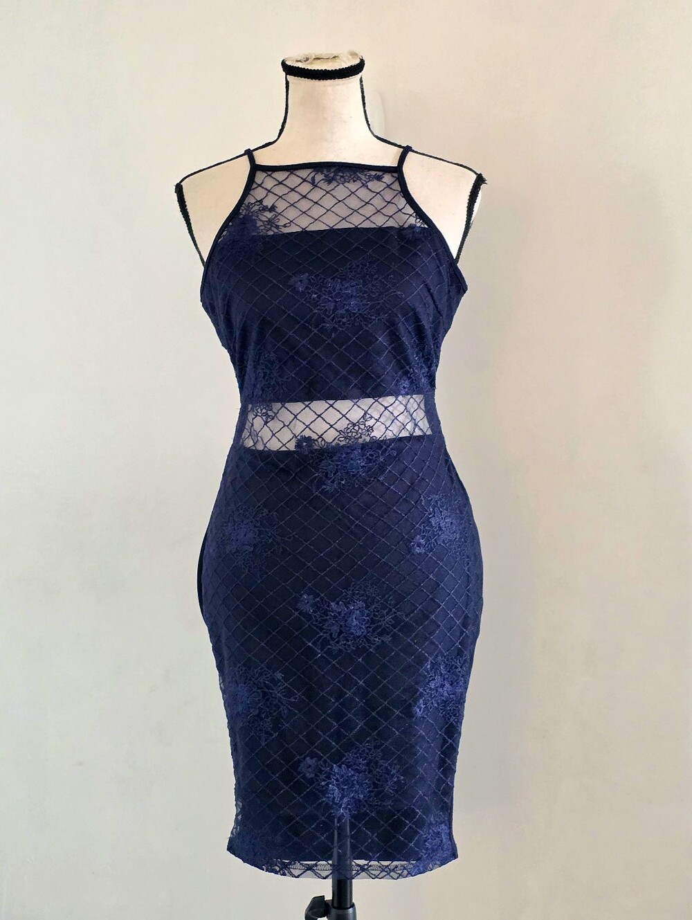 AX Paris Navy Mesh Embroidered Bodycon Dress High Halter Neck Illusion Mini 10
